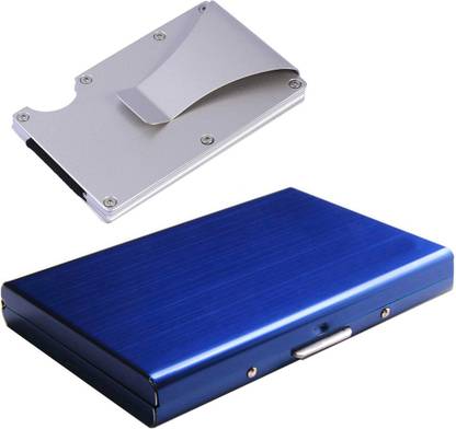 StealODeal Combo Silver Aluminium Alloy Rfid Protected Case With Blue 15 Card Holder