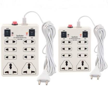 DIGWAY Mini Strip Extension 8 Sockets 2 Switches(Cord Length:- 2 M) (White)(Pack of 2) 6 A Two Pin Socket