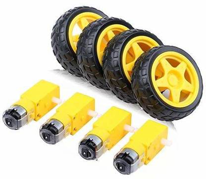 Robotronics DC Gearbox Motor TT Motor With Tire Wheel DC 3-6V for Arduino Smart Car 1:48 Male Connector, for Arduino ( Set of 4 ) Automotive Electronic Hobby Kit