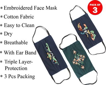 GOODWILL 3 Pcs Reusable & Washable 3 Layer Cotton Embroidered Face Mask GWM-045A Reusable Cloth Mask