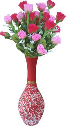 Tovick Table Top Wooden Flower holder and two Bunches of Artificial Rose flowers Wooden Vase