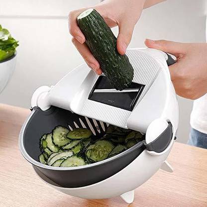 VUFIZA Wet Basket Vegetable Cutter Magic Multifuctional Rotate Vegetable Cutter, Potato Cutter with Drain Basket Kitchen Veggies Slicer Mixer Grinder White color, Grey color Kitchen Tool Set (White color, Grey color) Kitchen Tool Set