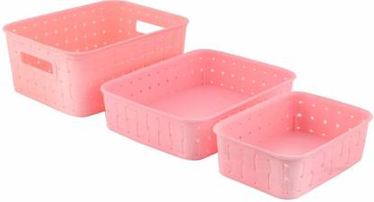 PRAXIS Plastic Praxis's Multipurpose Smart Shelf Basket Set of 3 | Storage Basket For Fruits, Vegetables, Magazines, Cosmetics, Stationaries, Storage Basket For Home & Kitchen Use (Set of 3) (Pink) Storage Basket