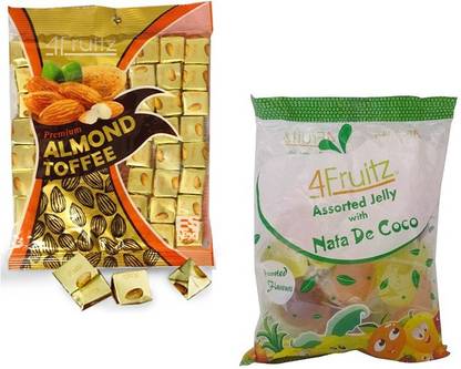 4Fruitz Premium Almond Toffee-200g and Jelly with Nata De Coco - Assorted Flavour 300g (Imported) (Pack of 2) Assorted, Almond Jelly Candy