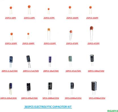 RISARYA MIX CAPACITOR KIT OF 365PCS 10PF TO 4700uF(25V-63V) ELECTROLYTIC/CERAMIC CAPACITOR Electronic Components Electronic Hobby Kit