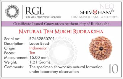 SHIVOHAM 10 Mukhi Lab Certified Rudraksha (Origin Indonesia) Good Shape & Matured Bead (Size 15-18mm) Wood Pendant