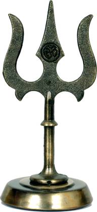 VR Creatives Trishul Trident Damru With Stand Brass Statue For Car Dashboard Decorative Decorative Showpiece  -  13 cm