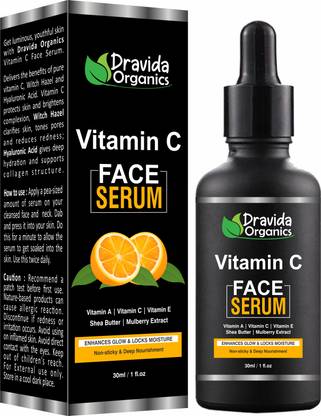 Dravida Organics Vitamin C Face Serum with Hyaluronic Acid for Brightening and AntiAging