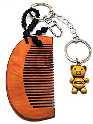A2S2 Small Comb Keychain Silver Chain Key Ring With Hook Clip, Cute Baby Bear And Small Wooden Pocket Comb. Key Chain