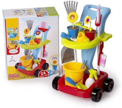 Crazy Toys Kids Cleaning Set and Gardening Tools 24pcs Garden and Housekeeping Toys with Leaf Rake, Watering Can, Gardening Hand Cultivator, Trowel,Shovel and Pretend Potted Flower