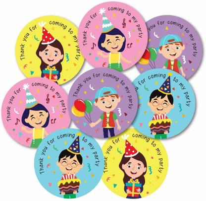 weRevel 5.08 cm Thank You Party Stickers, Kid's Birthday Celebration Theme, 40 Pieces, 2 inches, Round, 4 Unique Designs Ideal For Gift Wrapping, Party Favors, School, Art Craft, Card, Birthday, Gratitude Non-Reusable Sticker