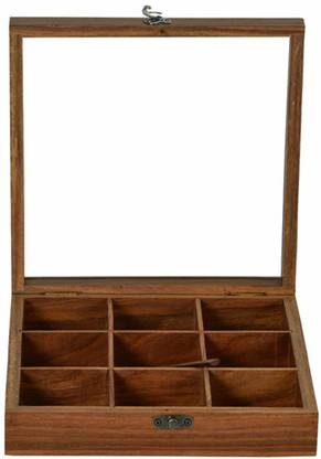 Shan Hub Sheesham Wooden Table Top Masala Dabba Containers Jars & Wooden Masala Box for Kitchen Masala Dani Wooden Spice Box Set for Kitchen with Spoon (9 Partitions, Non Detachable, Brown) Storage Box