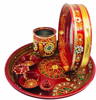 Dhandevi textiles Stainless Steel Karwa Chauth 7 Pieces Decorative Pooja Thali Set ( Red) ( Thali Size 9'') Steel