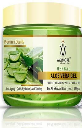 WAYMORE 100% Pure and Natural Aloe Vera Gel With Cucumber & Neem extracts For Healthy Young Radiant Skin Anti Ageing Anti Tanning Gel 100gm