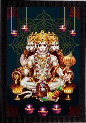 eCraftIndia Panch Mukhi Lord Hanuman Matt Texture UV Art Framed Ink 20 inch x 14 inch Painting