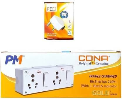 Cona Smyle Extension Board With long Wire 1.5 mm 3 Meter & 2 Combine Socket 6/16 Amp & 2 Switch 16 Amp 1 Havelss Top With Junction Box & Indicator 2  Socket Extension Boards