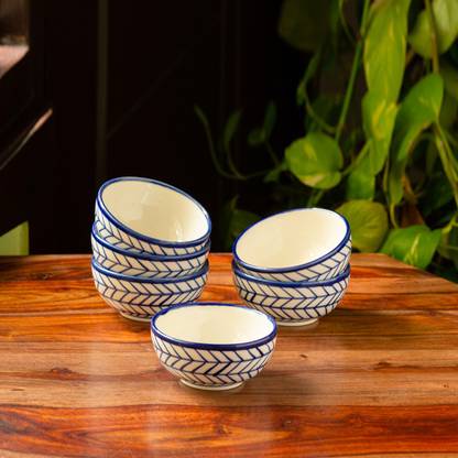 ExclusiveLane Ceramic Decorative Bowl Indigo Chevron' Hand-painted