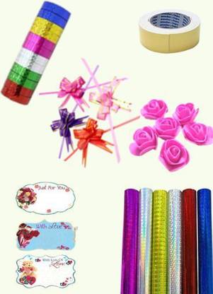 FREYJA GIFT PACKING AND DECOR MATERIAL KIT GIFT PACKING SHEETS, FOAM FLOWERS, FLOWER RIBBON, COLOURFUL TAPES, DOUBLE SIDED TAPE PLASTIC Gift Wrapper