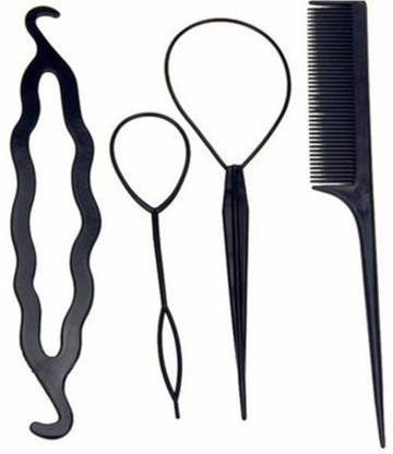 PSYCHFLORE Topsy Tail Braid Ponytail Hair Bun Maker 4pc Hair Accessory Set (Black) Bun Clip