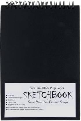 R H lifestyle A5 Premium Black Pulp Paper Sketch Book Spiral Hardbound 100 Pages 120 Gsm Sketch Pad