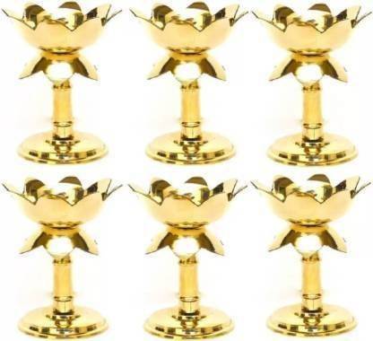 SHRI ANAND Pure Brass Lotus Akhand Diya Designer Deepak Puja Diya Best for Home & Office Decoration Table diya Brass Table Diya (Height: 3.5 inch) pack of 6 Brass (Pack of 6) Table Diya Set
