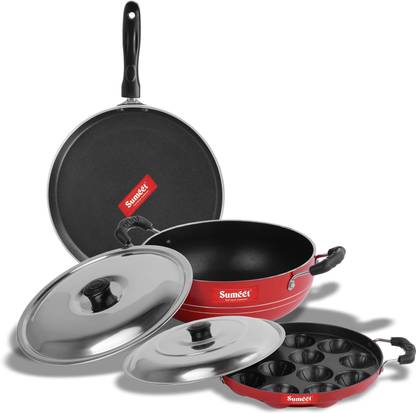 Sumeet Red Crown Non Stick Combo Set of 2.6mm Thick (Dosa Tawa – 26.5cm Dia + Kadhai With Lid – 1.5Ltr capacity- 20cm Dia + Grill Appam Patra With Lid – 23cm Dia) Non-Stick Coated Cookware Set