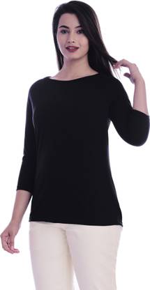 Solid Women Black T-Shirt