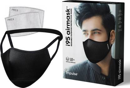 IMPULSE I95 Airmask Premium Cotton Cloth Face Mask | Black| Two 5 layer Replaceable Activated Carbon Filter | Reusable | Washable | Outdoor Masks | Pack of 1 with 2 add on filters I95 Reusable, Washable Cloth Mask With Melt Blown Fabric Layer
