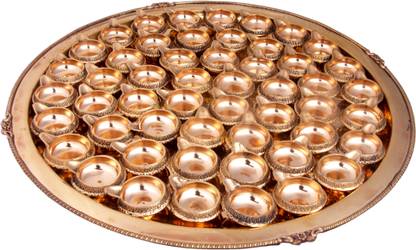 शिव शक्ति आर्ट्स Pure Brass Diya Thali Set| Big Pooja Thali Set For Diwali Navratra Laxmi Ganesh Ji Poojan (51 Pcs = 1 Karvi Embossed Plate 20", 50 Diya)-Home & Temple Pooja पीतल