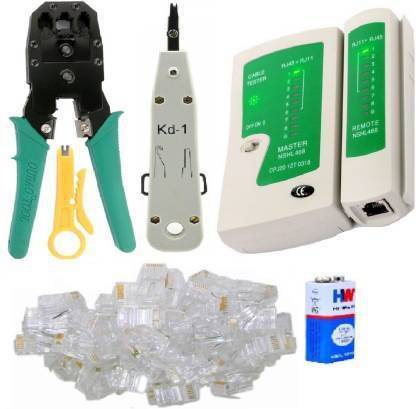 D.V TECH PROFESSIONAL SET OF CRIMPER TOOL NETWORK LAN CABLE TESTER 50PCS OF RJ45 CONNECTOR STRIPPER TOOL 9V BATTERY SET OF CRIMPING TOOL Manual Crimper