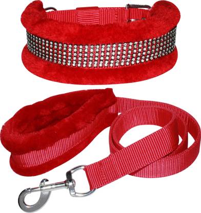 BODY BUILDING Dog Belt Combo of 1.25 inch Red Feather Padded Dog Collar with Dog Leash Soft Handle Feather Padded Dog Collar & Leash