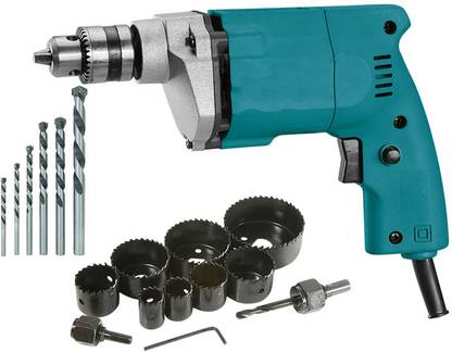 MLD DR11R-1 10mm Powerful Drill Machine for Wall, Metal, Wood Drilling With Masonry Drill Bit set, 11 Pcs Hole Saw Cutter Tool Set Pistol Grip Drill
