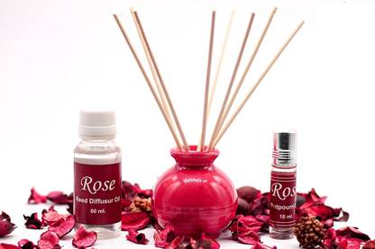 HOMEDECOR rose Aroma Oil, Potpourri, Fridge Freshener, Spray, Diffuser Set, Automatic Spray, Blocks, Refill Ceremic Reed Diffuser & Potpourri Gift Pack - rose Diffuser 60ml & Potpourri 5 ml Fragance Oil, Reed Stick with Decorative Potpourri N Pot -0314LG - Sold by KAH