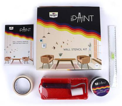 Berger iPaint DIY Wall Stencil Painting Kit (2" Foam Roller, Painting Tray, 200 ml Silk Glamor Paint Hazelton, Stencil Set, Masking Tape, Leveler Scale, DOU Booklet)
