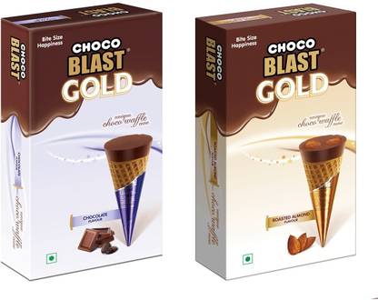 Pure Temptation Gold Chocoblast Chocolate + Roasted Almond Flavour Filled Waffle Cone Friend pack of 5 - Each Pack of 10 Chocolates (Rosted Almond pack of 2 + Chocolate Pack of 3) Bars