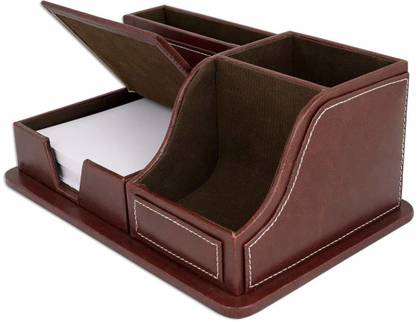 PANKU 4 Compartments Leather Pen Stand With Mobile Holder