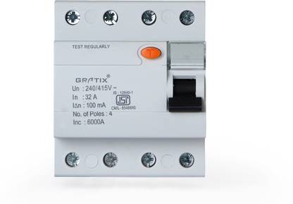 Gratix 32 amp four pole RCCB/ELCB 100 ma with ISI mark 004 MCB