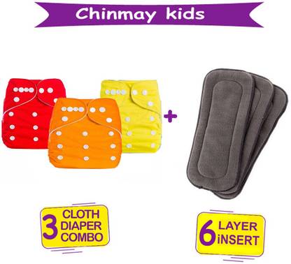 Chinmay Kids Combo of Quirk Reusable Baby Washable Cloth Diaper Nappy with 6 Layered Baby Inserts Pads (Set of 3) (Multi- Color)