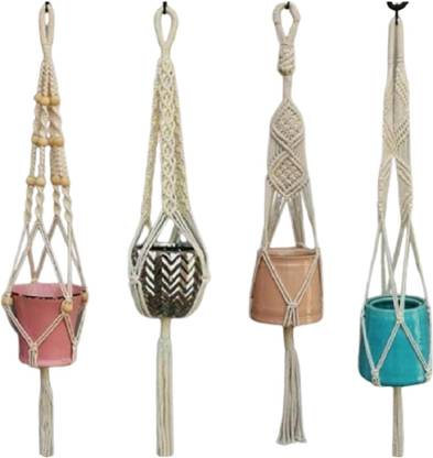 SHAIN SHA HANDICRAFT Macrame Work Plant Hanger Cotton Dori Ivory Colour Plant Container Set