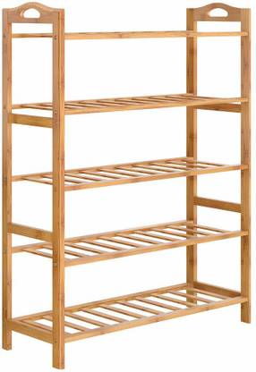 HOKiPO 5 Tier Bamboo Slipper Stand Chappal Storage Organizer Shoe Racks Utlity Racks, 90 x 67 x 25 cm (AR2938) Solid Wood Shoe Stand