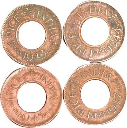 PMW 1943 - 1944 -1945 & 1947 ONE Pice Hole Copper Coin - Total 4 Coins - Chilikkana Ancient Coin Collection