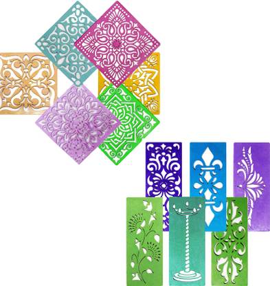 Ascension 12 Different Design Draw Rangoli Making Kit Rangoli Stamp Om Swastik Flower Multi designs Colourful Rangoli Designs 6 Rangoli Making Border Stencils & 6 Square Stencils 8X8inches Rangoli Stencil