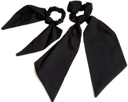 IBDA Lavish Black Knotted Black Long Scrunchies, Hair Ties, Handmade,Head Accessories (Adjustable Size) Pack of 02. Rubber Band