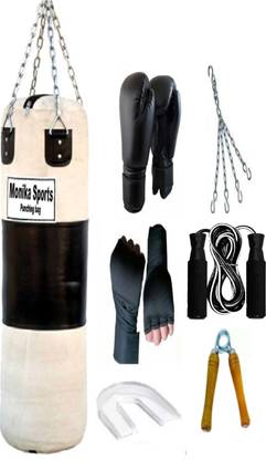 Monika Sports Senior Boxing Combo 3 feet unfilled Punching Bag With Hanging Chain + Pair of Boxing handwrap + Pair of Boxing Gloves + 1 Bearing Skipping Rope + 1 Wooden Handgrip + 1 Mouth Guard Boxing Kit