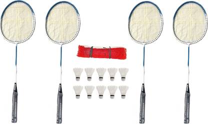 Monika Sports 4 Single Shaft Racquet + One Side Nylon tape Badminton Net + 10 Pc Feather Shuttle Badminton Kit