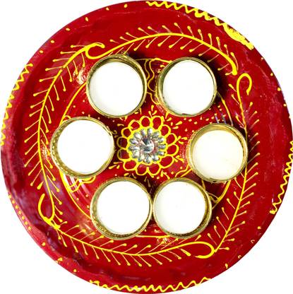 Gaurangi Decorated plate For Mandir - Diwali Decoration Pooja Thali with candle set - Wax Candles For Diwali Decor - Home Decor - Temple Decor - Pooja Plate for All Festivals Stainless Steel