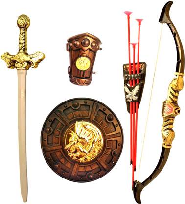 HALO NATION Kings Archery Toy Set Sward & Shield with Single Wrist Armor and Bow Arrow Set - Antique Weapon Roleplay Fancy Dress Competition - Bahubali, Shivaji Maharaj, Tanaji, Maharani Laxmi Bai, Adipurush, Ramayan, Mahabharat Bows & Arrows