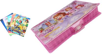 Engineer's box 42 pcs color Set with Cartoon Character Drawing Book With Name Stickers .(Blue and pink)