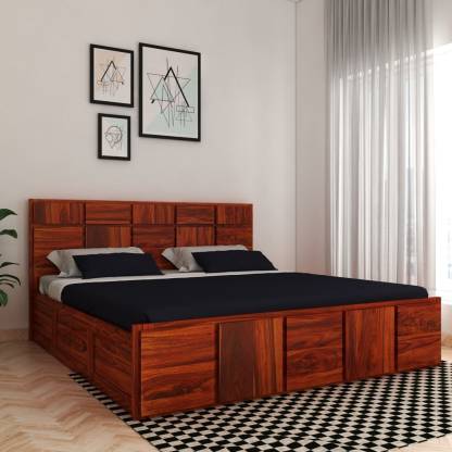 Vintej Home Sheesham Wood King Size Bed, King Size Oak Headboard With Shelves