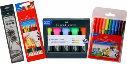 FABER-CASTELL Coloring Kit- 5 Highlighters + 10 Connector Pens + 9 Bi-Colour Pencils+6 Drawing Pencils